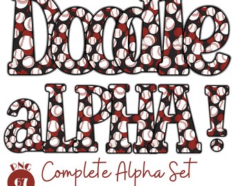 Baseball Doodle Alphabet PNG Bundle, 67 Letters & Numbers (Digital Download)