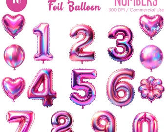 Holographic Pink Foil Balloon Numbers Clipart 16 PNG Pink Balloon Clipart Foil Number Balloon Clipart Balloon Number Party Digital download