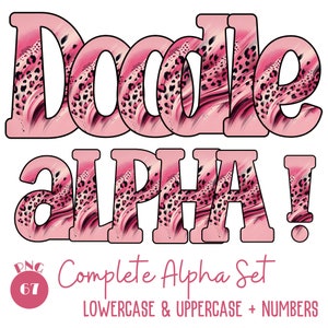 Pink Leopard Alpha Doodle Bundle 67 PNG Pink Leopard Doodle Alphabets and Numbers Doodle Font PNG Letters For Sublimation Digital Download