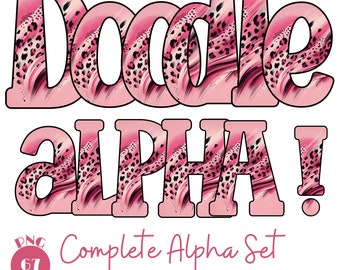 Pink Leopard Doodle Font, Alpha & Numbers PNG (Digital Download)