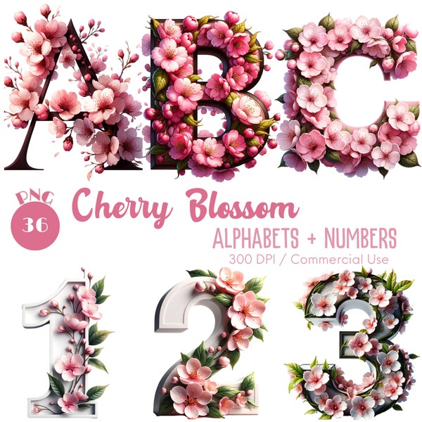Cherry Blossom Alphabets and Numbers Clipart 36 PNG Cherry Blossom alpha Clipart Decorative Letters Sakura Alphabet PNG Digital download