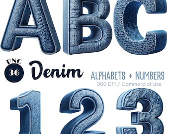Denim Alphabet & Zahlen Clipart, 36 PNG Grafiken (Digitaler Download)