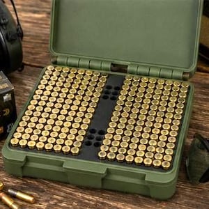 May include: An olive green plastic storage case filled with rows of brass-cased .22 LR ammunition. The case features a black foam insert with circular cutouts for individual cartridges. A box labeled Federal 22LR 525 is visible to the left.