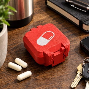 May include: A square, red, 3D-printed pill case with a hinged lid featuring a white graphic of a capsule. The container has a textured surface and is accompanied by three white, cylindrical capsules resting nearby on the surface.