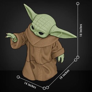May include: A green-skinned character with large ears and black eyes, wearing a brown robe. The figure is 16 inches tall, 14 inches wide, and 10 inches deep. The character is a popular figure from a science fiction franchise.