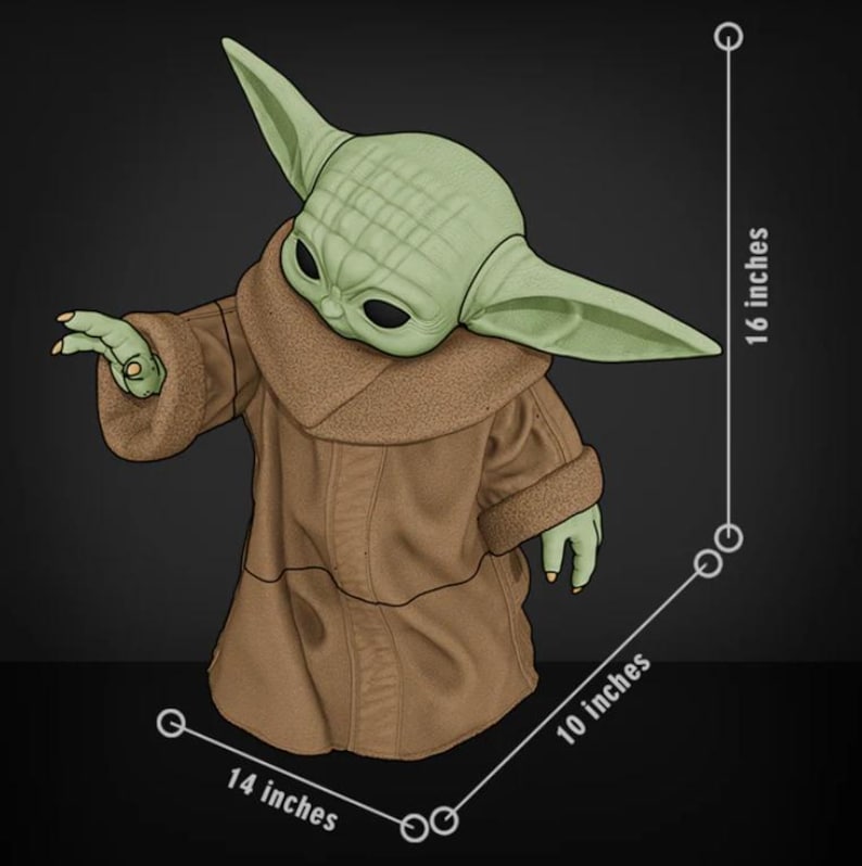 May include: A green-skinned character with large ears and black eyes, wearing a brown robe. The figure is 16 inches tall, 14 inches wide, and 10 inches deep. The character is a popular figure from a science fiction franchise.