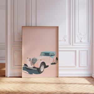 Różowy Retro Klasyczny Samochód Wydruk – Preppy Whimsical Vintage Car Art do Dekoracji Pokoju Dziewczynki, Różowa Estetyczna Dopaminą Ścienna Sztuka, Modna Drukowana Sztuka