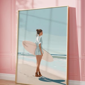 Coastal Cowgirl Surfer Girl Print – Cute Surf Wall Art for Beach House Decor, Preppy Bar Cart Wall Art, Trendy Printable Coastal Poster