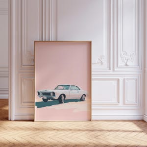 Różowy Retro Klasyczny Samochód Wydruk – Preppy Whimsical Vintage Car Art do Dekoracji Pokoju Dziewczynki, Różowa Estetyczna Dopaminą Ścienna Sztuka, Modna Drukowana Sztuka