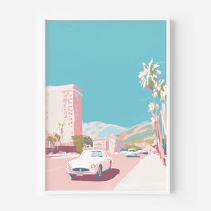 Różowy retro klasyczny samochód wydruk – Preppy Whimsical Vintage Car Art dla dziewczynki i chłopca wystrój pokoju, różowy estetyczny dopamina ścienna sztuka, modny wydruk