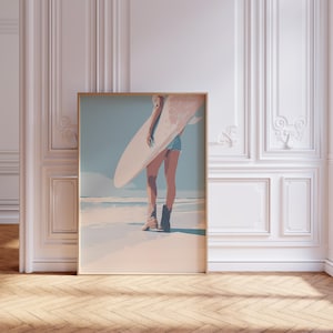 Pastel Coastal Cowgirl Surf Girl Print, Preppy Beachy Wall Art for Trendy Apartment or Beach House Decor, Girly Surf Poster Digital Download