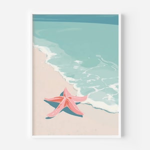 Tropical Starfish Print – Trendy Coastal Wall Art for Beach House Decor, Pink Seashell and Ocean Food Portrait, Preppy Beachy Summer Poster