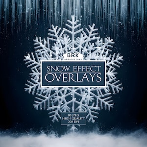 May include: A digital image showing a large white snowflake against a dark blue backdrop. The text "SNOW EFFECT OVERLAYS" is displayed on a rectangular label. Additional text indicates 80 JPEG files at high quality and 300 DPI.