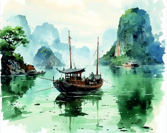 PRINTABLE Chinese Landscape Portrait | Chinese Boat Print | Water Color Painting | Instant Digital Download Vector Design, Limited Edition