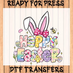 May include: A colorful Happy Easter design with bunny ears, a bow, and a bee. The letters are decorated with various Easter patterns, including polka dots, stripes, and plaid.