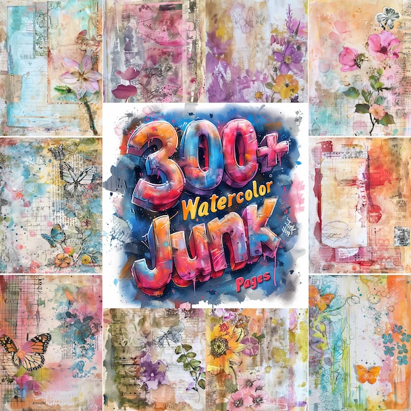 300+ Watercolor Junk Journal Pages, Printable Watercolor Junk Journal Kit, Journal Supplies, Ephemera, Collage Sheet, PNG Download