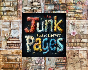 Pode incluir: Uma colagem de imagens com livros antigos, pilhas de livros e um cartão de título que diz "180 Junk Pages Rustic Library". As imagens estão em uma variedade de cores, incluindo marrom, branco, azul e amarelo.