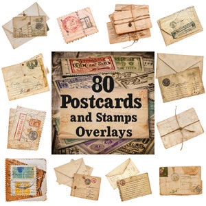 80 superposiciones de postales y sellos para diarios basura, scrapbooking, PNG transparentes, suministros de diarios basura, efímera, descarga PNG