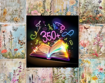 May include: A collage of vintage floral images with a glowing open book in the center. The book has the text "350+ Pages" written on it. The images are in shades of pink, blue, green, and yellow.