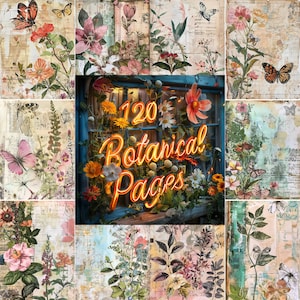 Commercial License - Physical products only (not digital) - 120 Botanical Junk Journal Pages, Botanical Junk Journal Kit, PNG Download