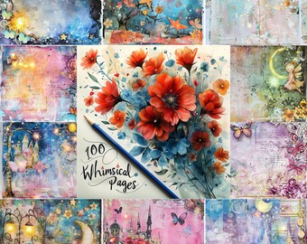 May include: A collage of 100 whimsical pages featuring a variety of colorful illustrations, including flowers, stars, and castles. The text "100 Whimsical Pages" is written in a decorative font.