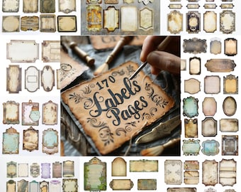 170 Labels Junk Journal Pages, Printable Vintage Labels Journal Kit, Journal Supplies, Instant Label Ephemera, Collage Sheet, PNG Download