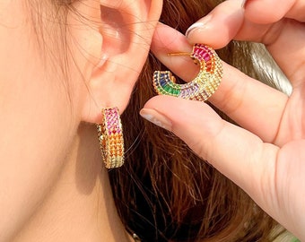 Hoop earrings, Multicolor Cubic Zirconia, Gold hoop earrings, Small hoop earrings, Dainty earrings, Anniversary gift, Bridesmaid gifts