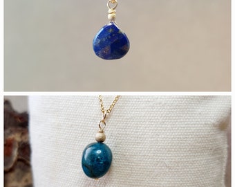 Nouvelle collection, petits pendentifs de  pierre naturelle d'Apatite, de Lapis Lazuli et de Gold Filled 14K