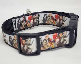 May include: Black dog collar with a white background featuring a collage of horror movie characters.