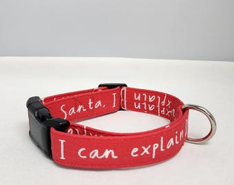 May include: Red dog collar with white text that reads "Santa, I can explain".