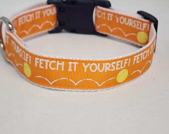 May include: Orange and white dog collar with the text "FETCH IT YOURSELF! FETCH IT YOURSELF!" in white. The collar has a black plastic buckle.
