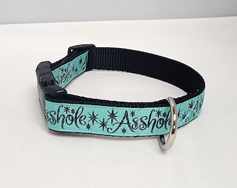 May include: A black dog collar with a turquoise ribbon featuring the text "Asshole" in black lettering with stars.