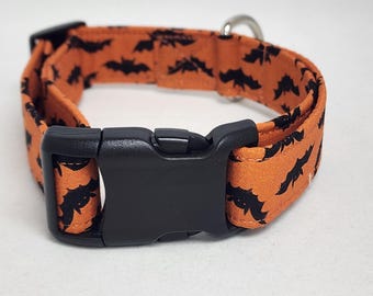 May include: Orange and black dog collar with a black plastic buckle. The collar is decorated with a repeating pattern of black bats.