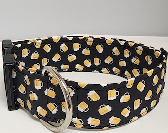 May include: Black dog collar with a yellow beer mug pattern. The collar has a silver D-ring and a black buckle.