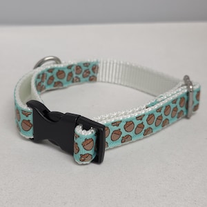Op de afbeelding: Een witte en turquoise dierenhalsband met een zwarte gesp. Het turquoise gedeelte heeft een herhalend patroon van bruine eikels. De halsband heeft een metalen ring.
