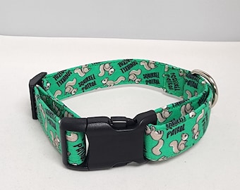 May include: Green dog collar with a black buckle. The collar has a repeating pattern of squirrels with the text "Squirrel Patrol" on it.