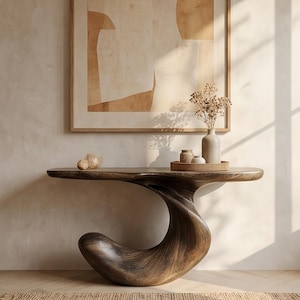 Handcrafted Organic Solid Wood Console Table, Modern Luxury Sculptural Entryway Accent Furniture