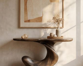 Handcrafted Organic Solid Wood Console Table, Modern Luxury Sculptural Entryway Accent Furniture