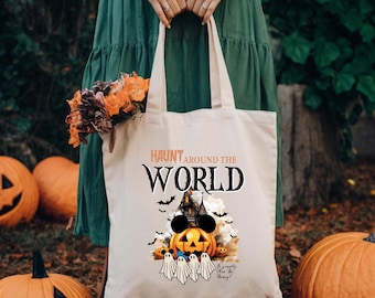 Haunt Around The World Tote Bag, Disneyland Halloween Tote Bag, Mickey Ghost Tote Bag, Disneyworld Halloween Bag, Mickey Halloween Tote Bag