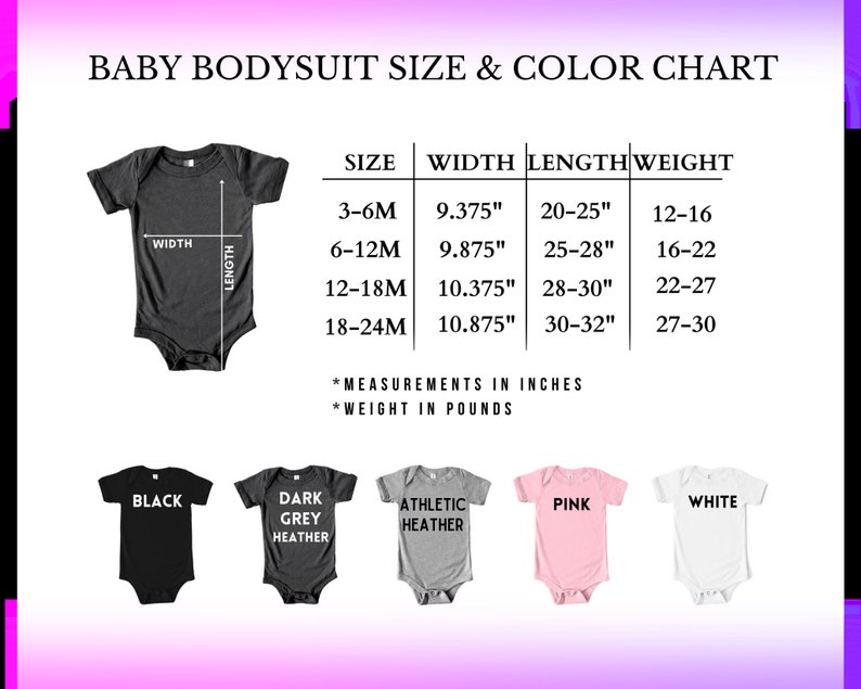 baby bodysuit size and color chart