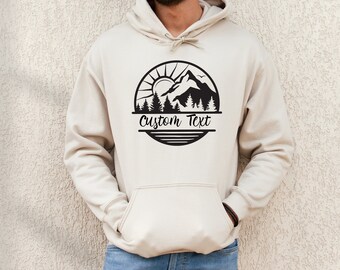 Mountain Hoodie, Custom Hoodie, Nature Mountain Sun Lake And Forest Hoodie, Personalized Name Hoodie, Adventure Hiking Hoodie, Camper Hoodie