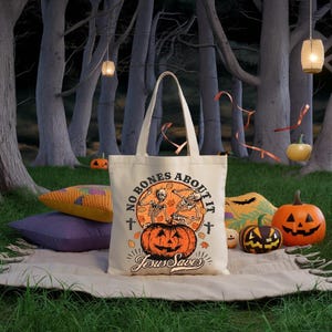 No Bones About It Jesus Saves Tote Bag, Halloween Dancing Skeleton Pumpkin Tote Bag, Funny Skeleton Pumpkin Fall bag, Halloween Pumpkin bag