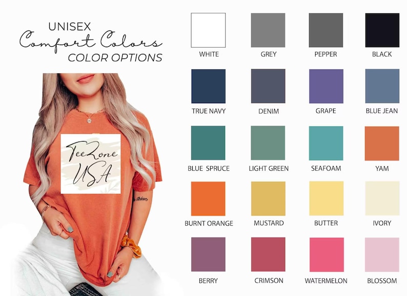 May include: An orange unisex t-shirt with the text "Tee Zone USA" in a square design. The image also displays a color chart with various options, including white, grey, and black, and other colors like blue, green, and pink.