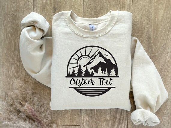 Mountain Sweatshirt, Custom Sweatshirt, Nature Mountain Sun Lake And Forest Sweatshirt, Personalized Name Sweatshirt, Adventure Hiking