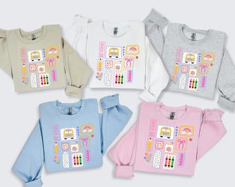 Sudadera alegre y moderna para la vuelta al cole, sudadera colorida con garabatos para la vuelta al cole, camiseta escolar preppy y coqueta, camiseta divertida para la vuelta al cole.