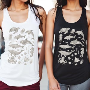 Sea Animals 90s Vintage Style Tank Top, Retro Ocean Sea Tank Top, Sea Whale Orca Turtle Dolphin Tank Top, Sea Life Tee, Tees for Fishing