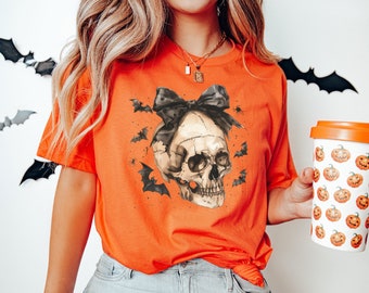 Halloween Skull Bow T-Shirt, Coquette Bow Halloween T Shirt, Halloween Shirt, Skeleton Shirt, Spooky Season Shirt, Gift For Halloween