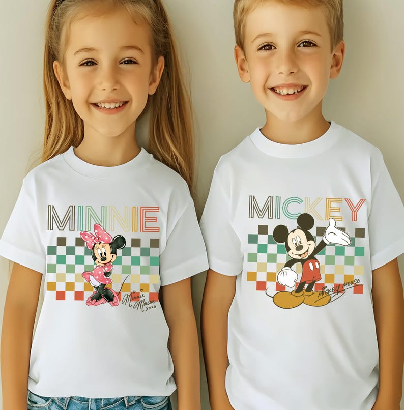 Retro Mickey and Minnie Mouse Couple T-Shirt, Vintage Style Cute Character Tee, 90s Nostalgic Graphic Shirt for Cartoon Lovers