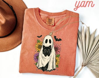 Comfort Colors® Ghost Holding Black Cat T-Shirt – Cute Floral Halloween Shirt