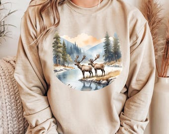 Retro Deer Wilderness Scene Sweatshirt, Vintage 90s Sweater, Nineties Vintage Buck And Doe Deer Outfit, Boho Unisex Crewneck Sweatshirt